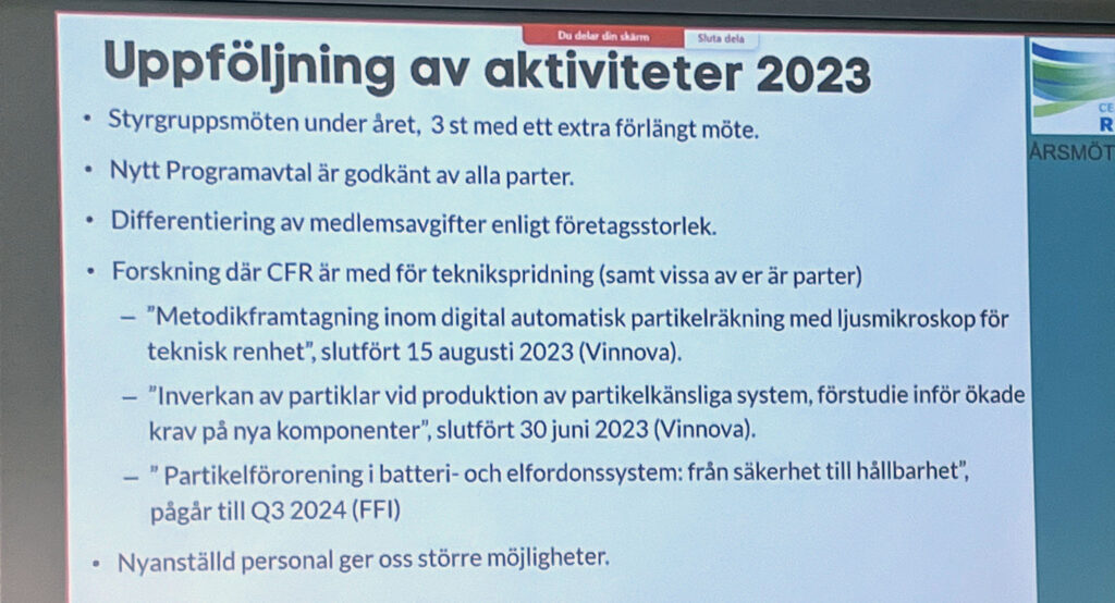 Uppföljning av 2023 års verksamhet och projekt på CRF:s medlemsmöte.